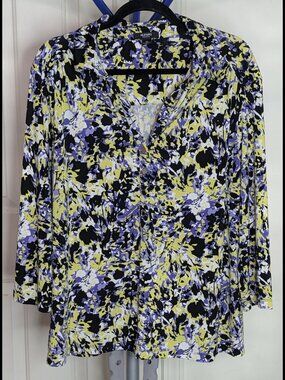 Nice ALFANI 2X Abstract Yellow, White, Black & Lavender Campshirt Stretch Blouse